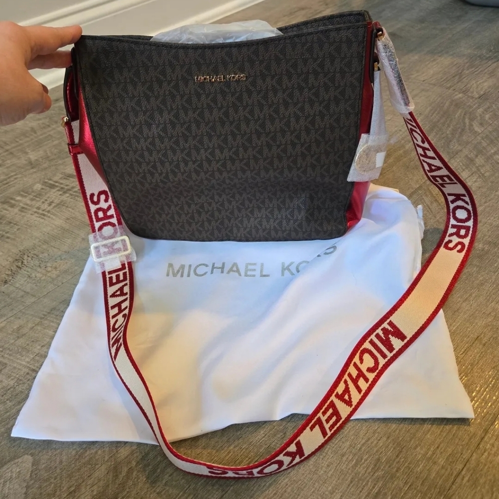 Michael Kors Brown and Red Logo Crossbody Messenger